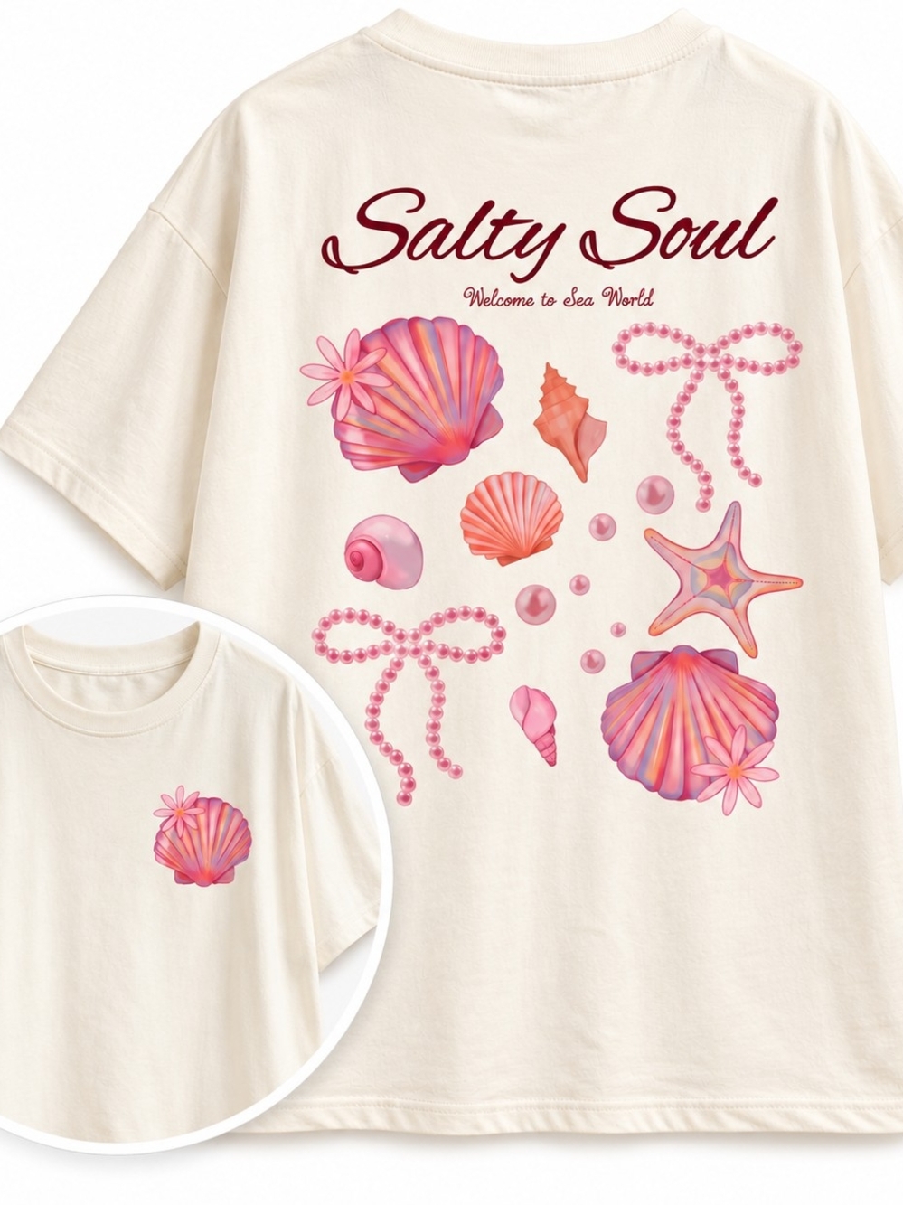 Salty Soul Seashell Pearl Bow Graphic Oversized T-Shirt